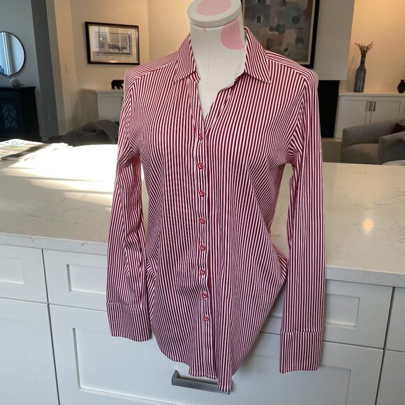 Desoto Eve Collared V Neck Striped Button Down Cotton Blouse Red Wht Sz 36 NWOT - Picture 1 of 15